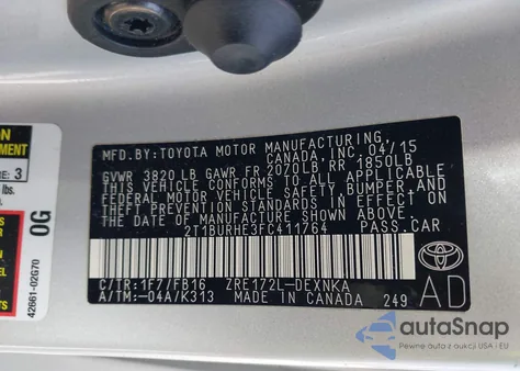 2015 Toyota Corolla Le z USA, uszkodzony, nr VIN 2T1BURHE3FC411764